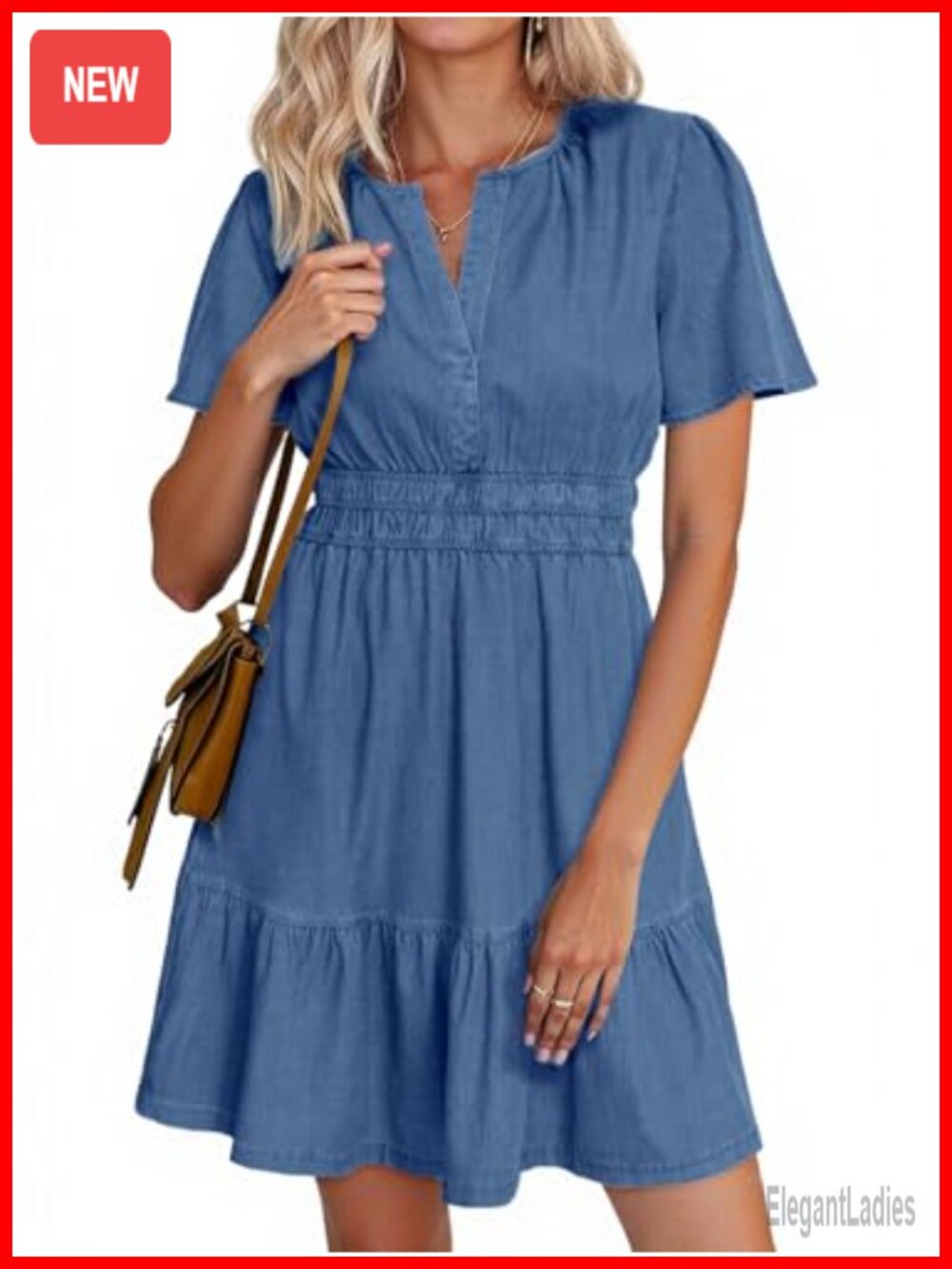 Womens Denim Dress Short Sleeve V Neck A Line Tiered Mini Jean Dress Pockets